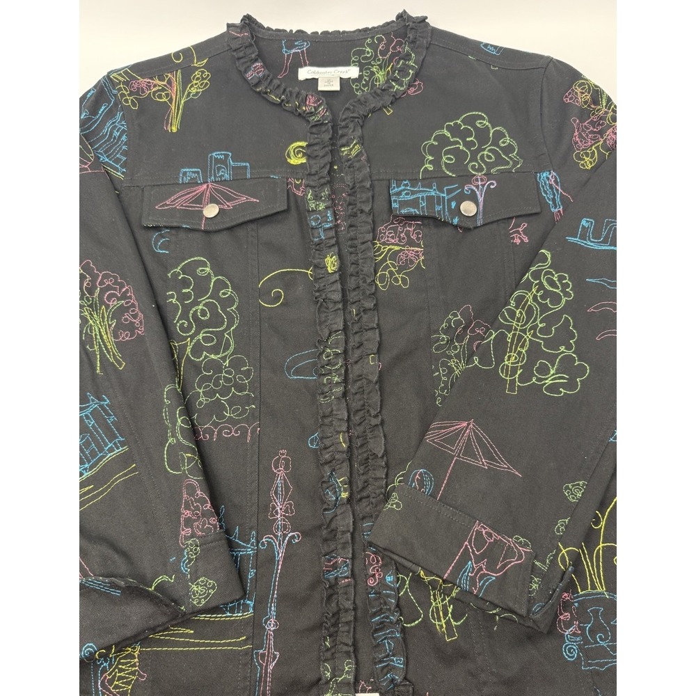 Coldwater‎ Creek Jacket Women's Medium Black Colorful Line Art Ruffle Open Front